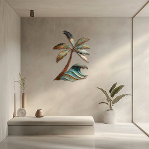 Palm tree ocean wave metal wall art with tropical coastal design mounted on beige wall  3