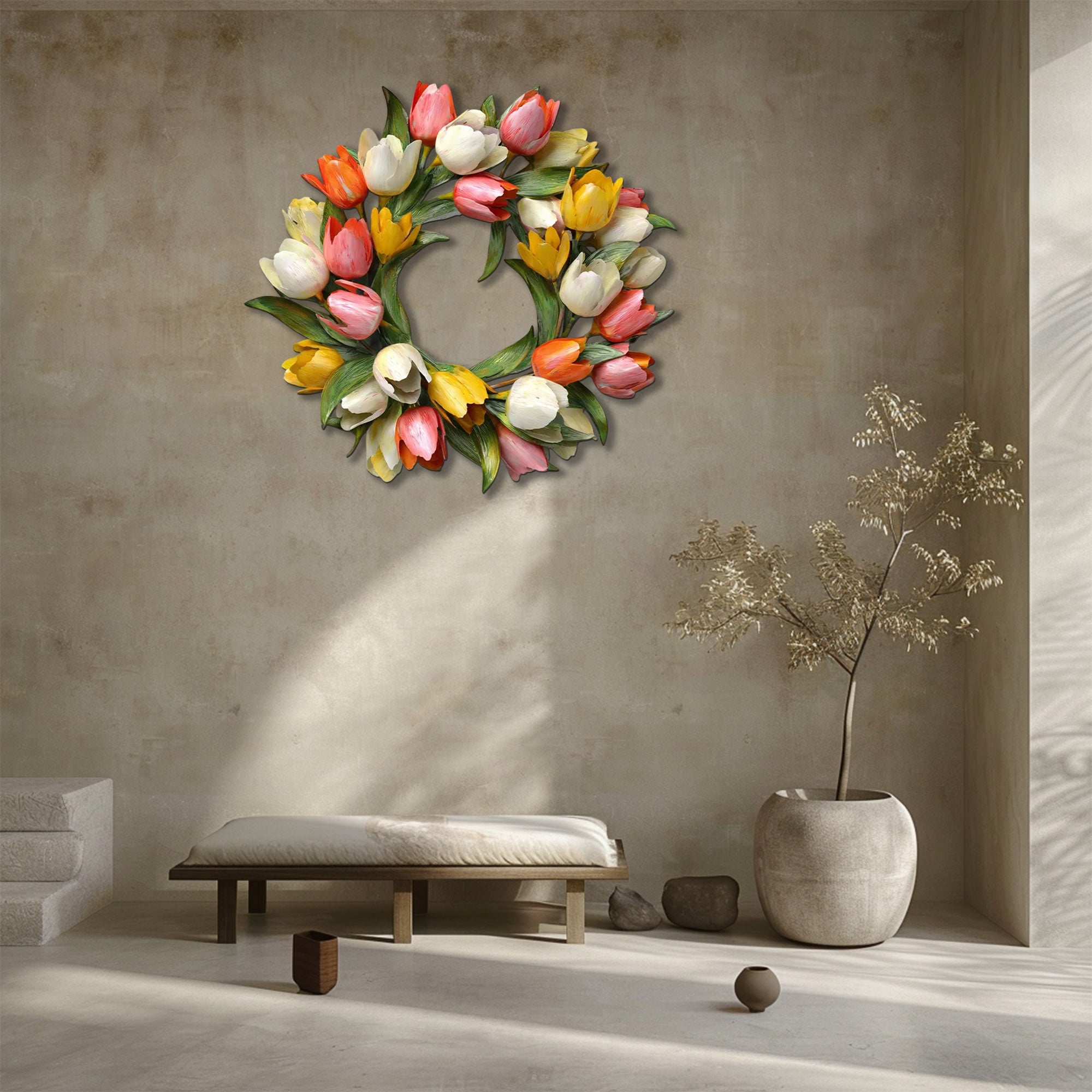 Tulip flower wreath metal wall art with colorful spring floral design mounted on textured wall 3
