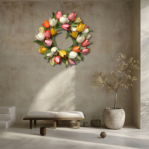 Tulip flower wreath metal wall art with colorful spring floral design mounted on textured wall 3