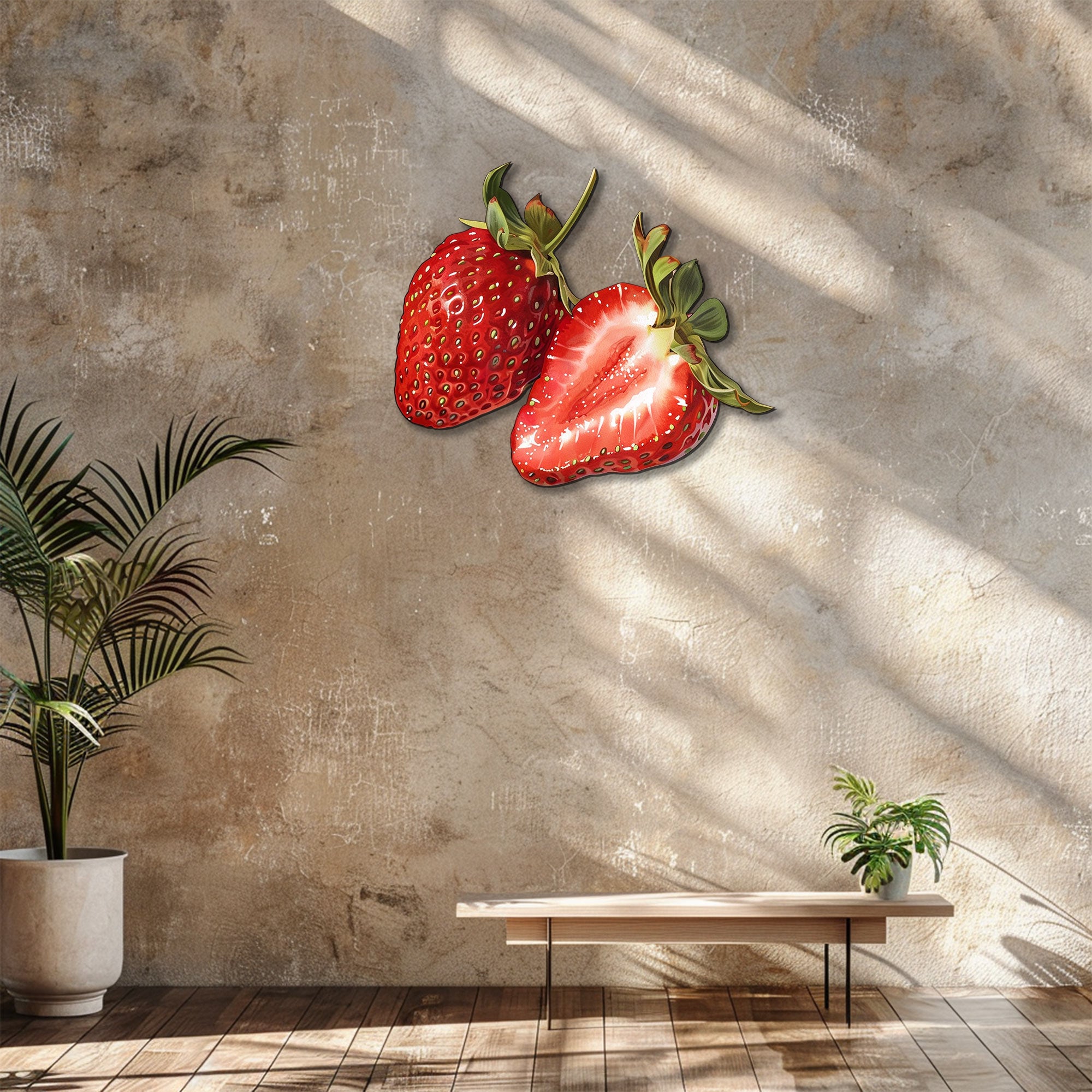 Strawberry metal wall art with vibrant red fruit and botanical detailing for farmhouse kitchen decor 3