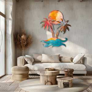 Tropical island palm trees metal wall art with coral sunset sky curling ocean waves and sunset beach aluminum wall decor 3