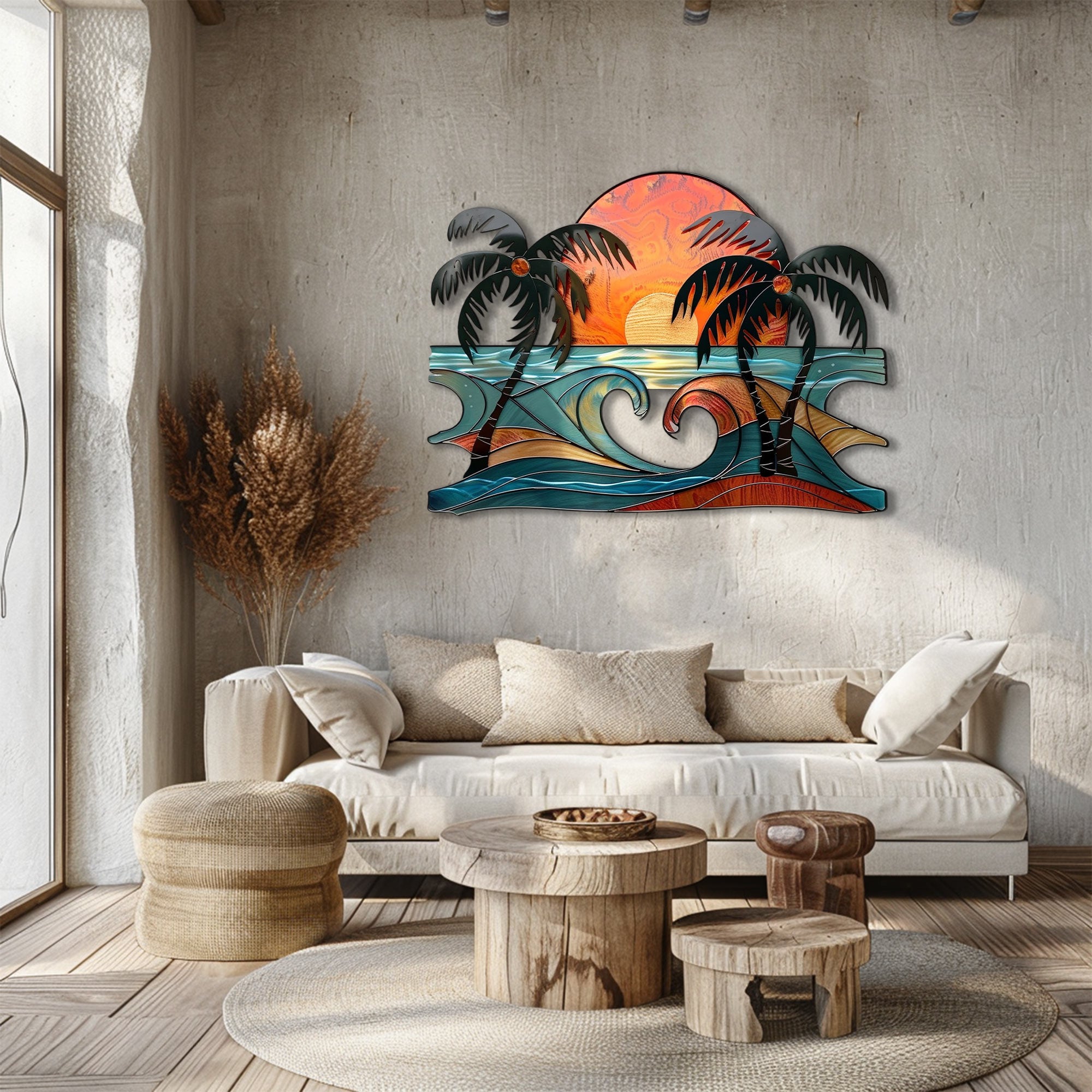 Ocean wave heart metal wall art with hidden wave heart center double sunset sun dark palm silhouettes coastal beach bedroom aluminum wall decor 3