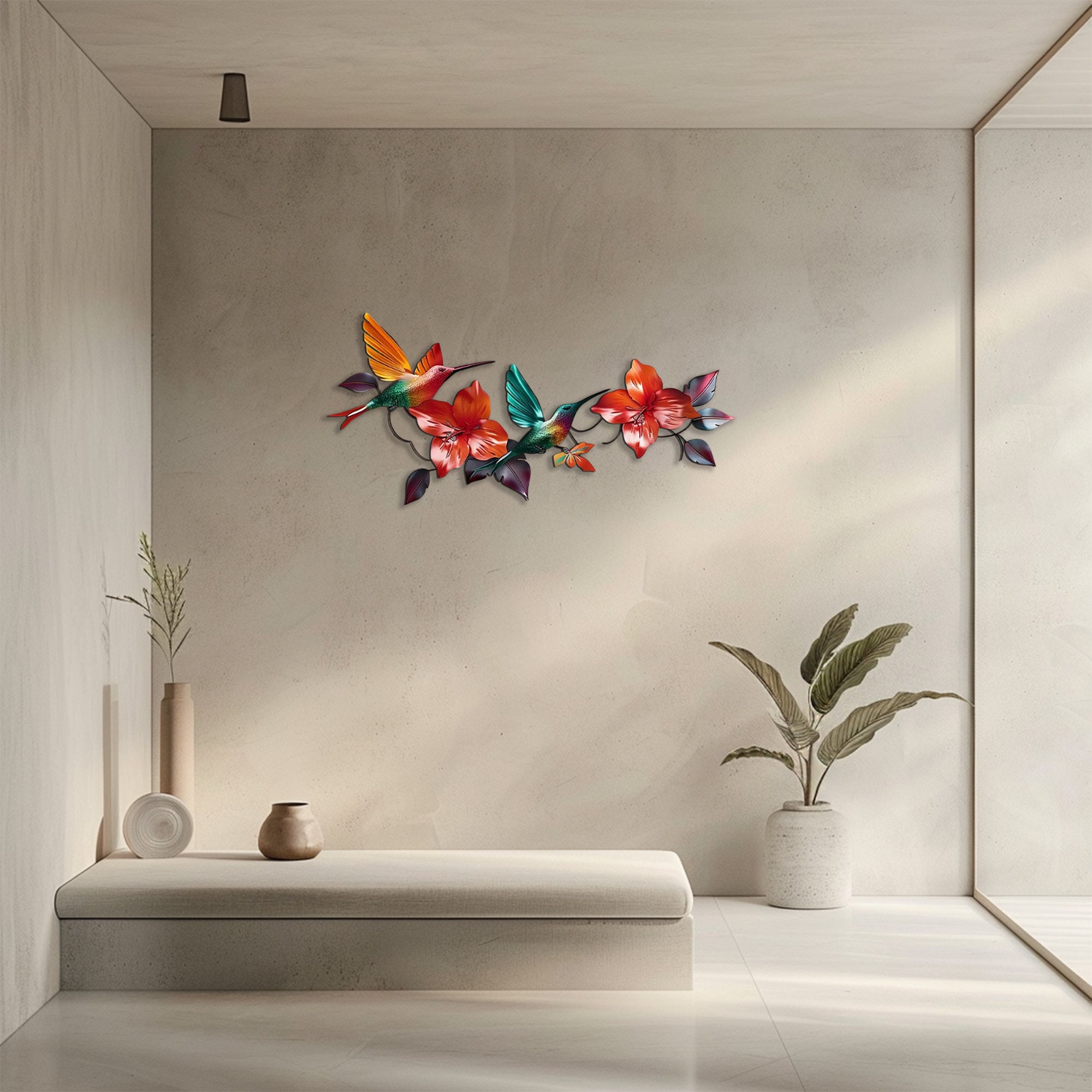 Hummingbird Hibiscus UV printed aluminum metal wall art for tropical living room and patio decor 5