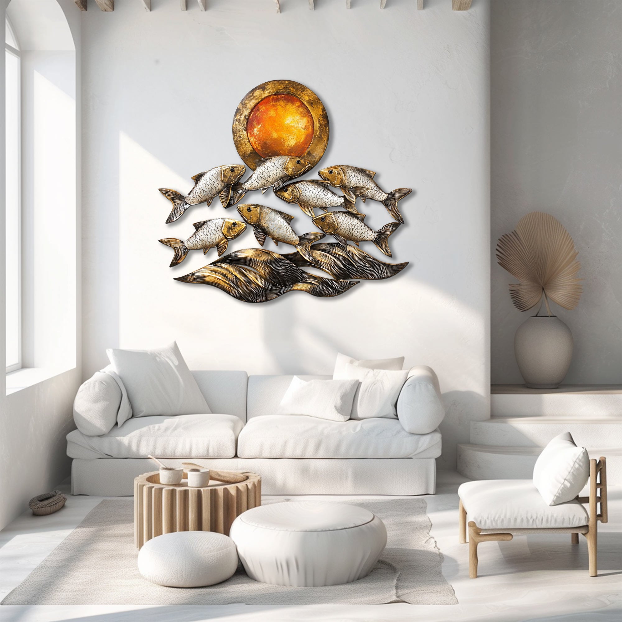 Silver fish metal wall art with ocean waves and sunset coastal aluminum wall decor 3
