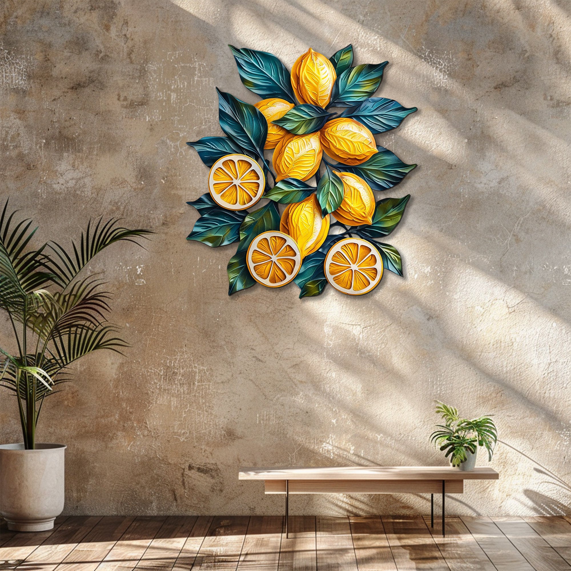 Lemon branch metal wall art with vibrant citrus fruits and botanical leaves for Mediterranean kitchen decor 3