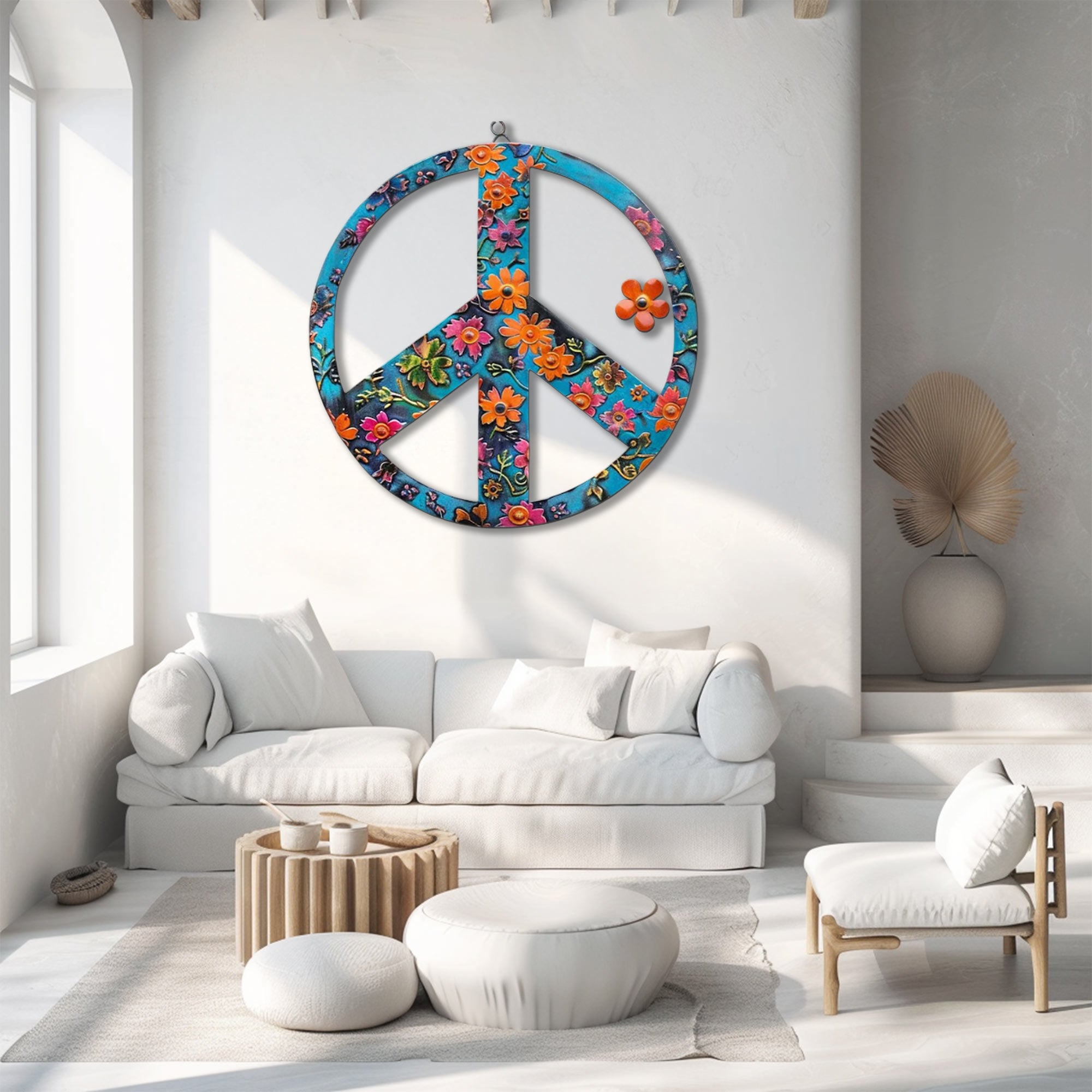 Turquoise Floral Peace Sign UV printed aluminum metal wall art for boho patio garden and living room decor 4