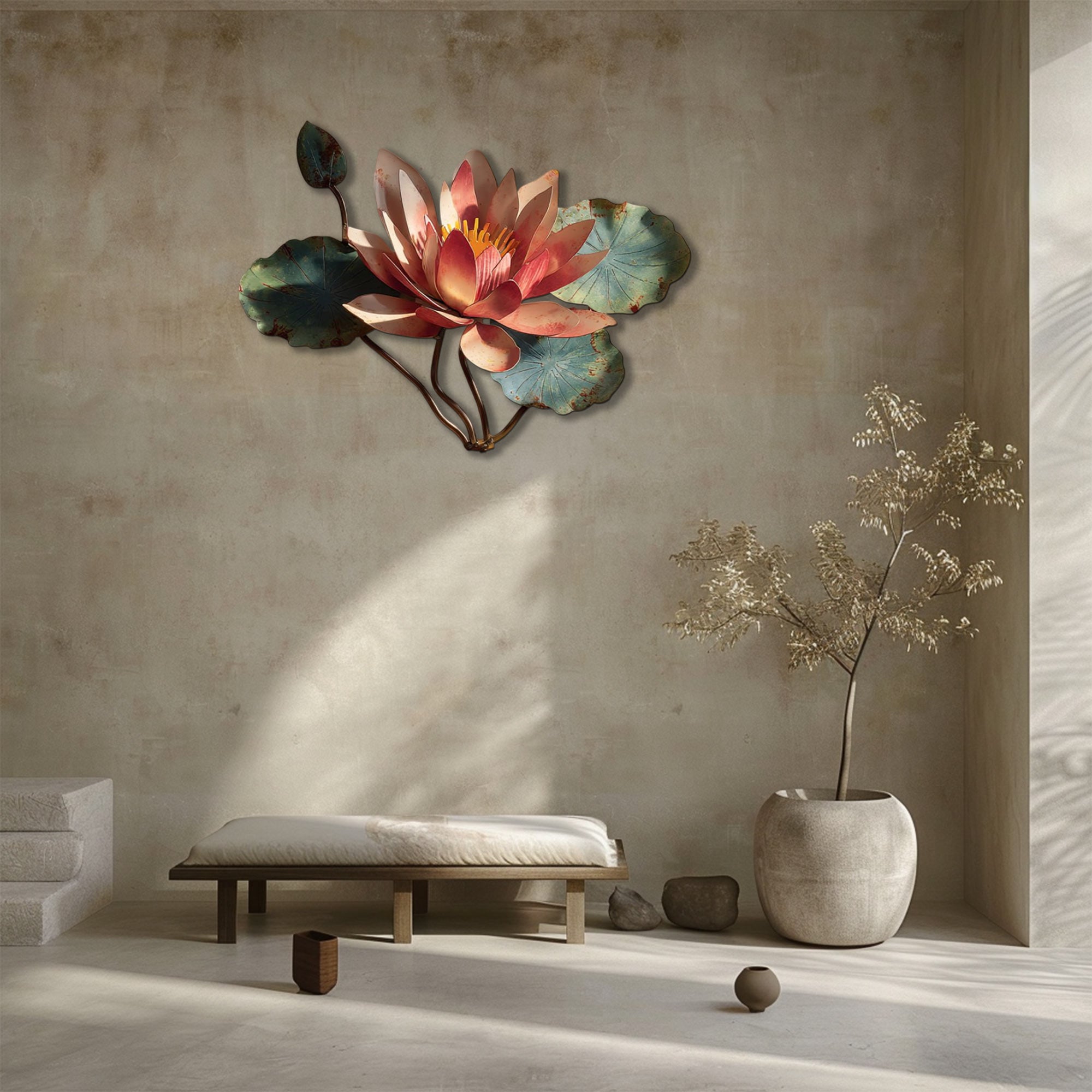 Lotus bloom metal wall art with lily pads and zen botanical styling 4