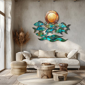 Turquoise fish metal wall art with ocean waves and sunset coastal aluminum wall decor 3