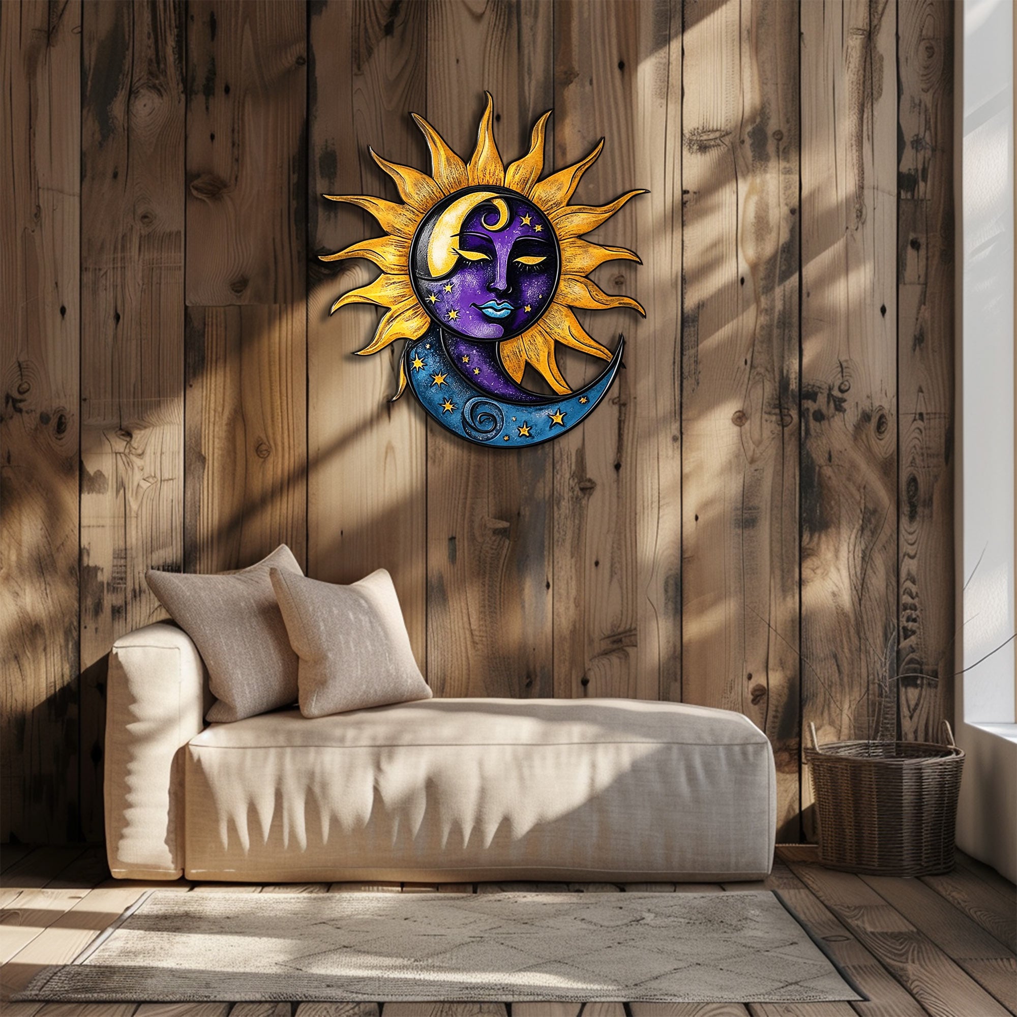 Celestial metal wall art with faux 3D cosmic artwork for spiritual decor 3