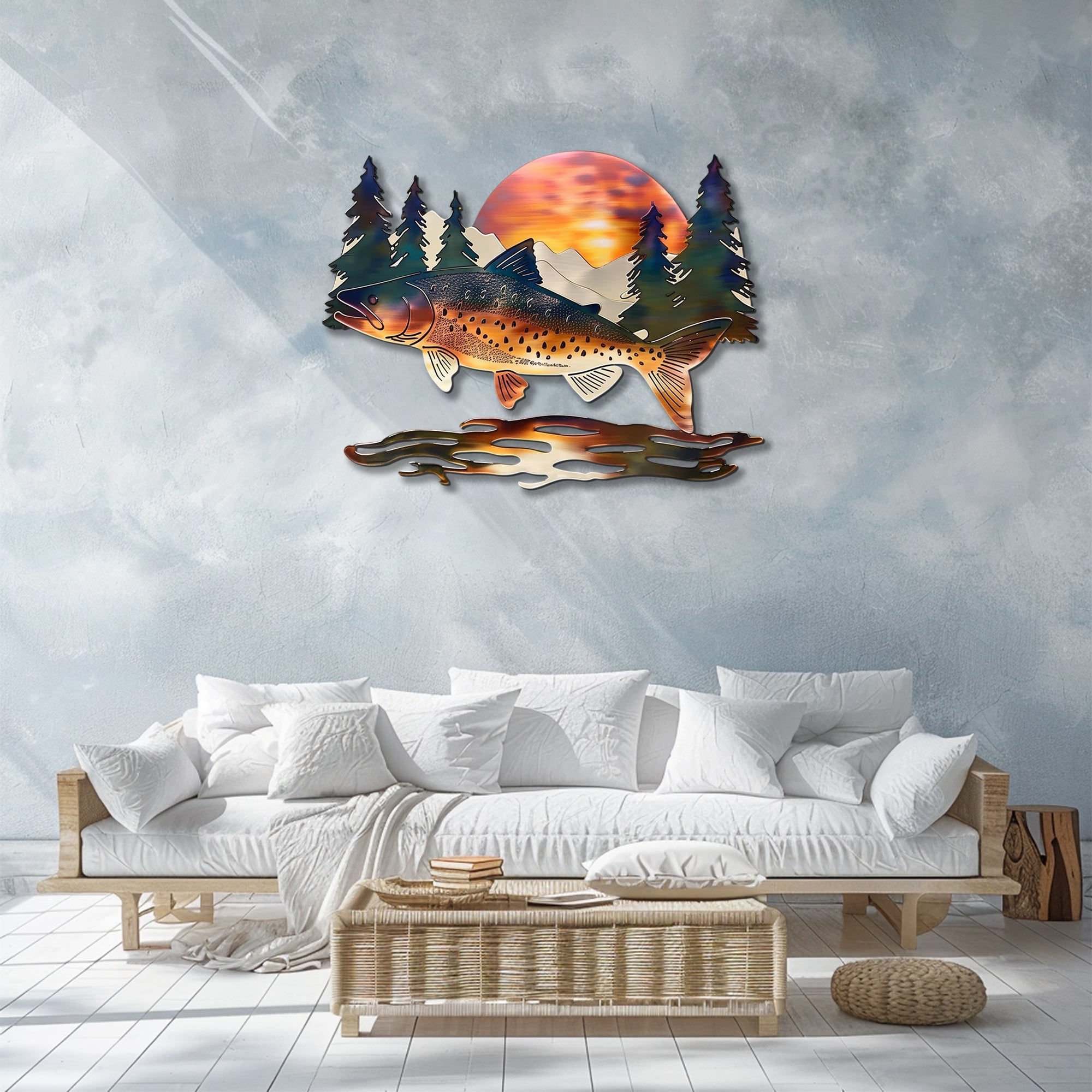 Brown trout fish metal wall art with leaping trout wild salmon mountain sunset rustic cabin pine trees wilderness lodge aluminum wall decor 3