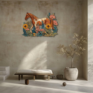 Floral horse metal wall art with wildflowers and rustic farmhouse styling 3
