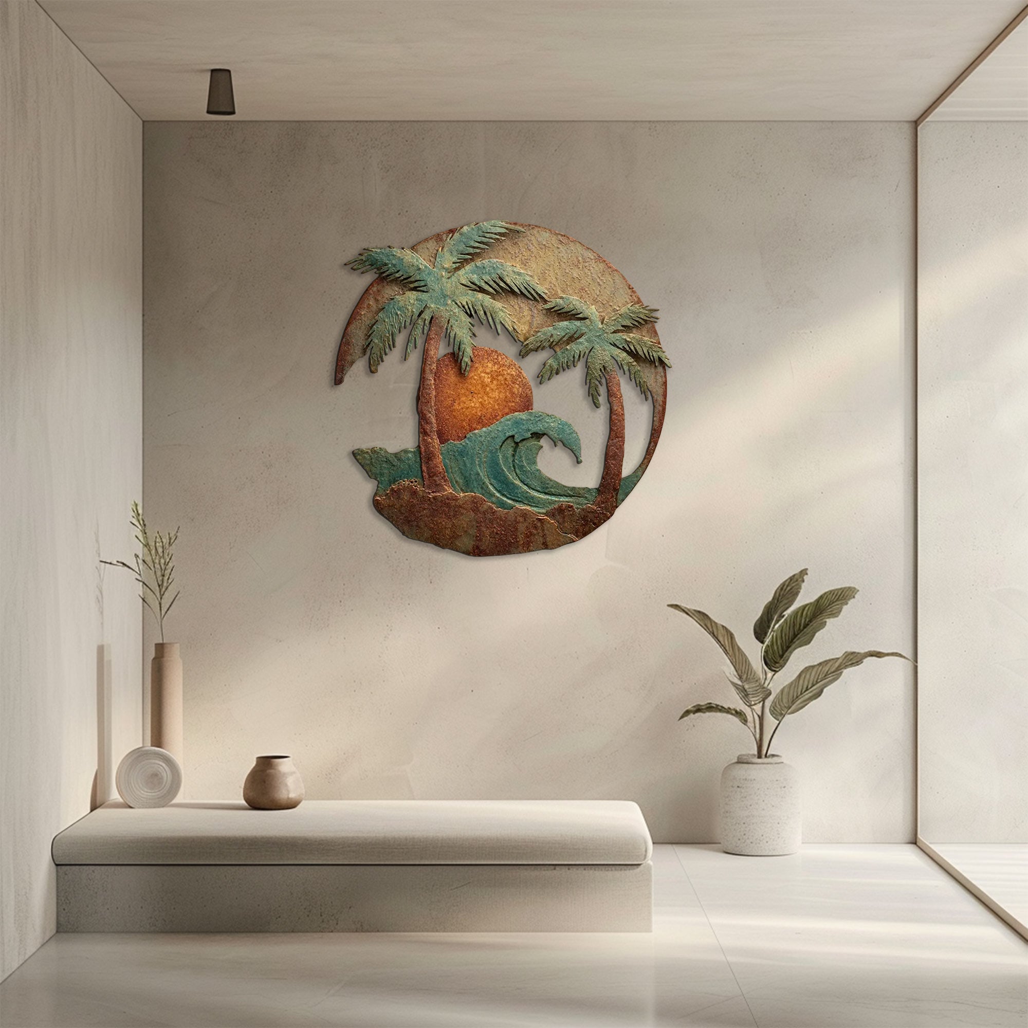 Tropical palm tree metal wall art with ocean wave and sunset design mounted on textured wall 3