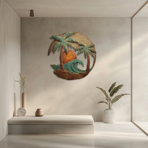 Tropical palm tree metal wall art with ocean wave and sunset design mounted on textured wall 3