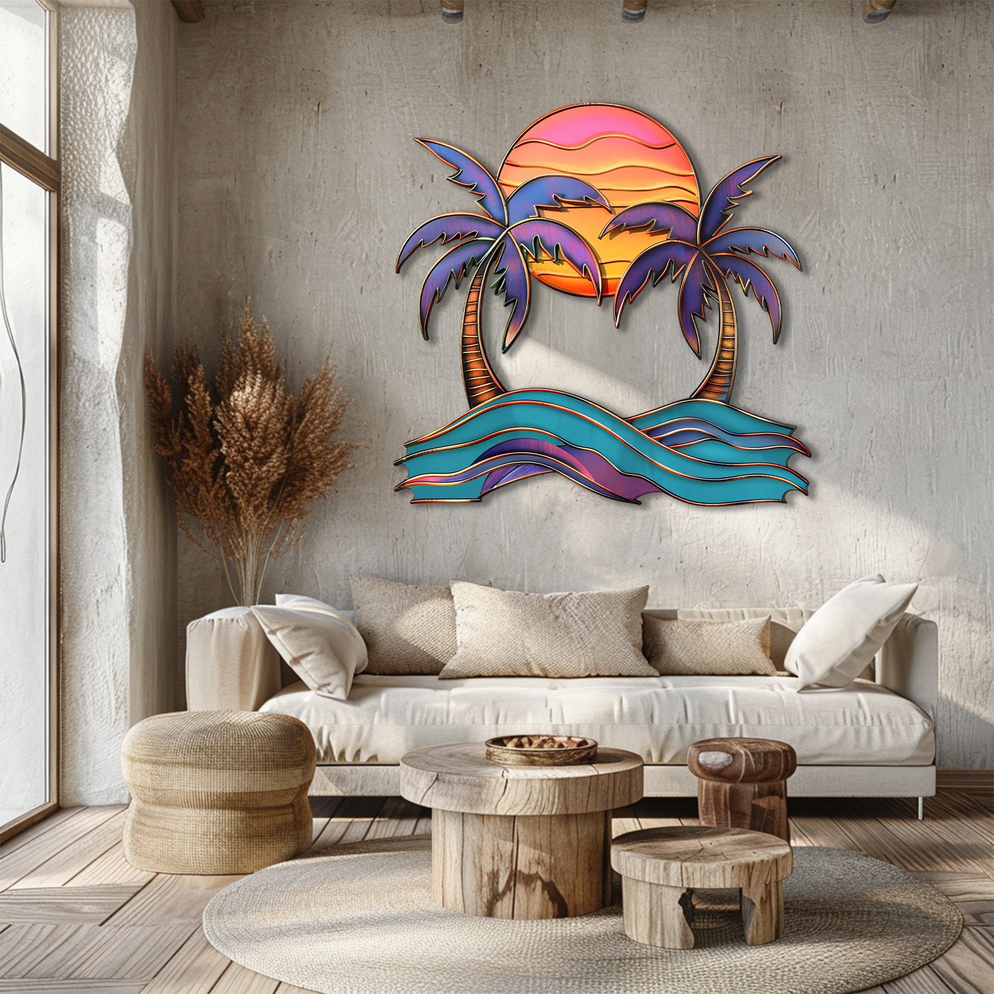 Vibrant sunset palm trees metal wall art with purple palm leaves pink sun gradient ocean waves coastal beach aluminum wall decor 3