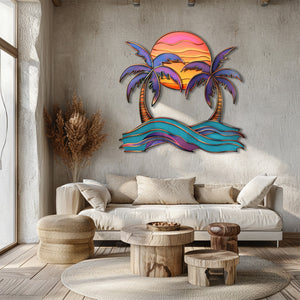 Vibrant sunset palm trees metal wall art with purple palm leaves pink sun gradient ocean waves coastal beach aluminum wall decor 3
