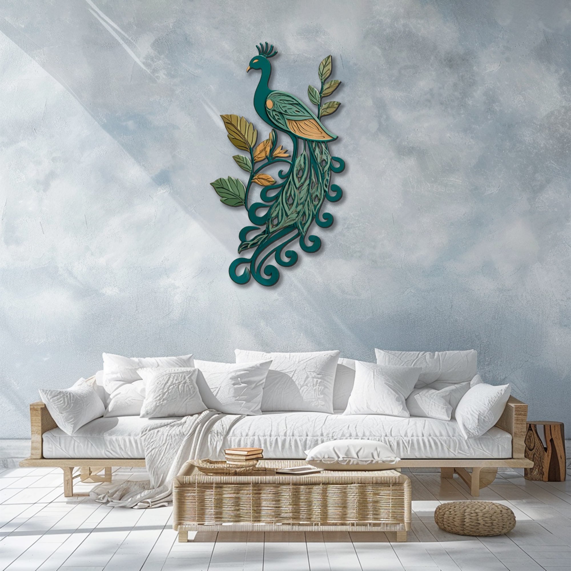 Teal Peacock UV printed aluminum metal wall art for botanical patio garden and living room decor 3