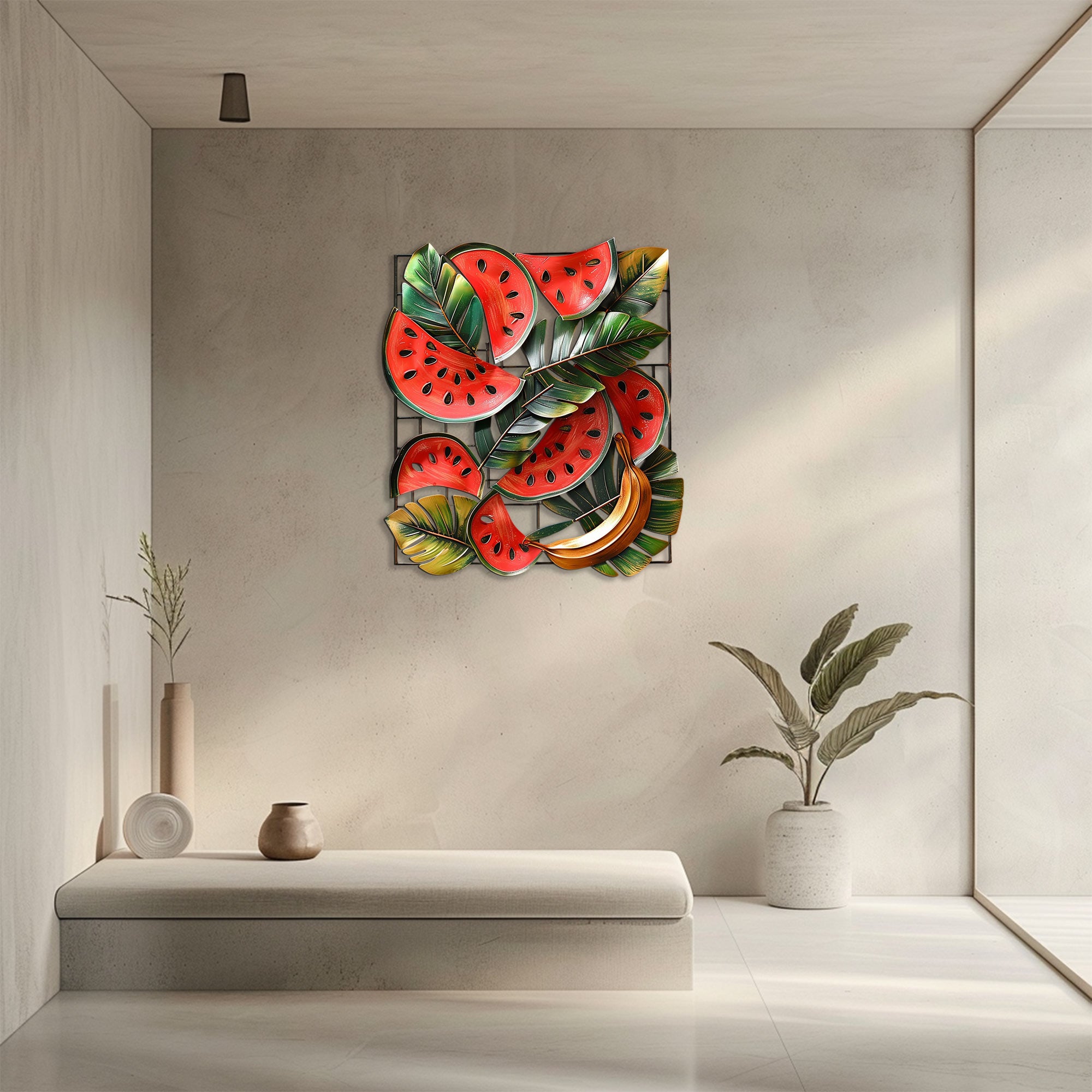 Tropical watermelon and banana metal wall art with lush botanical leaves for summer kitchen decor 3
