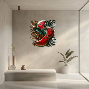 Watermelon aluminum wall decor with tropical foliage and metallic accents for patio styling 3