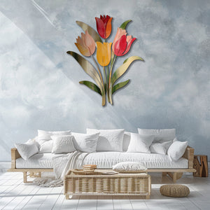 Pastel tulip stem metal wall art with colorful floral botanical design mounted on textured wall 3
