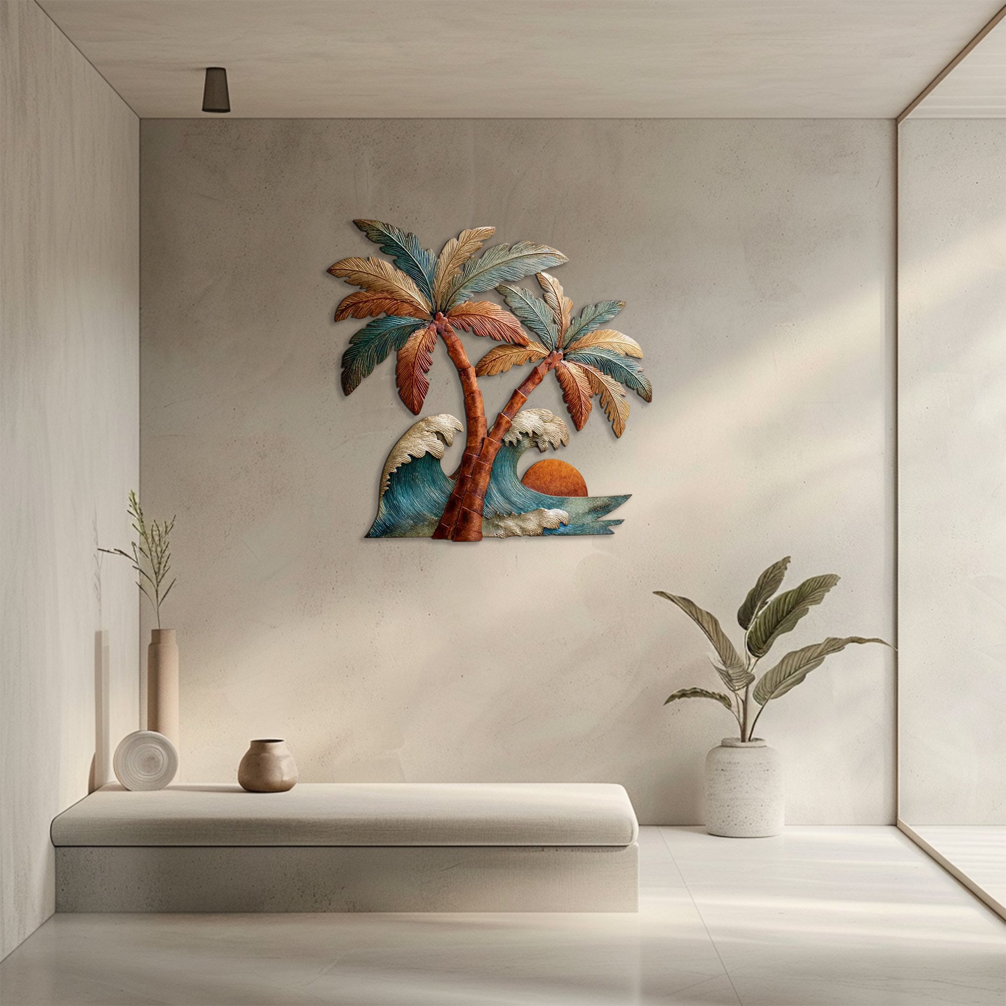 Tropical palm wave metal wall art with ocean waves and sunset coastal design mounted on wall 3