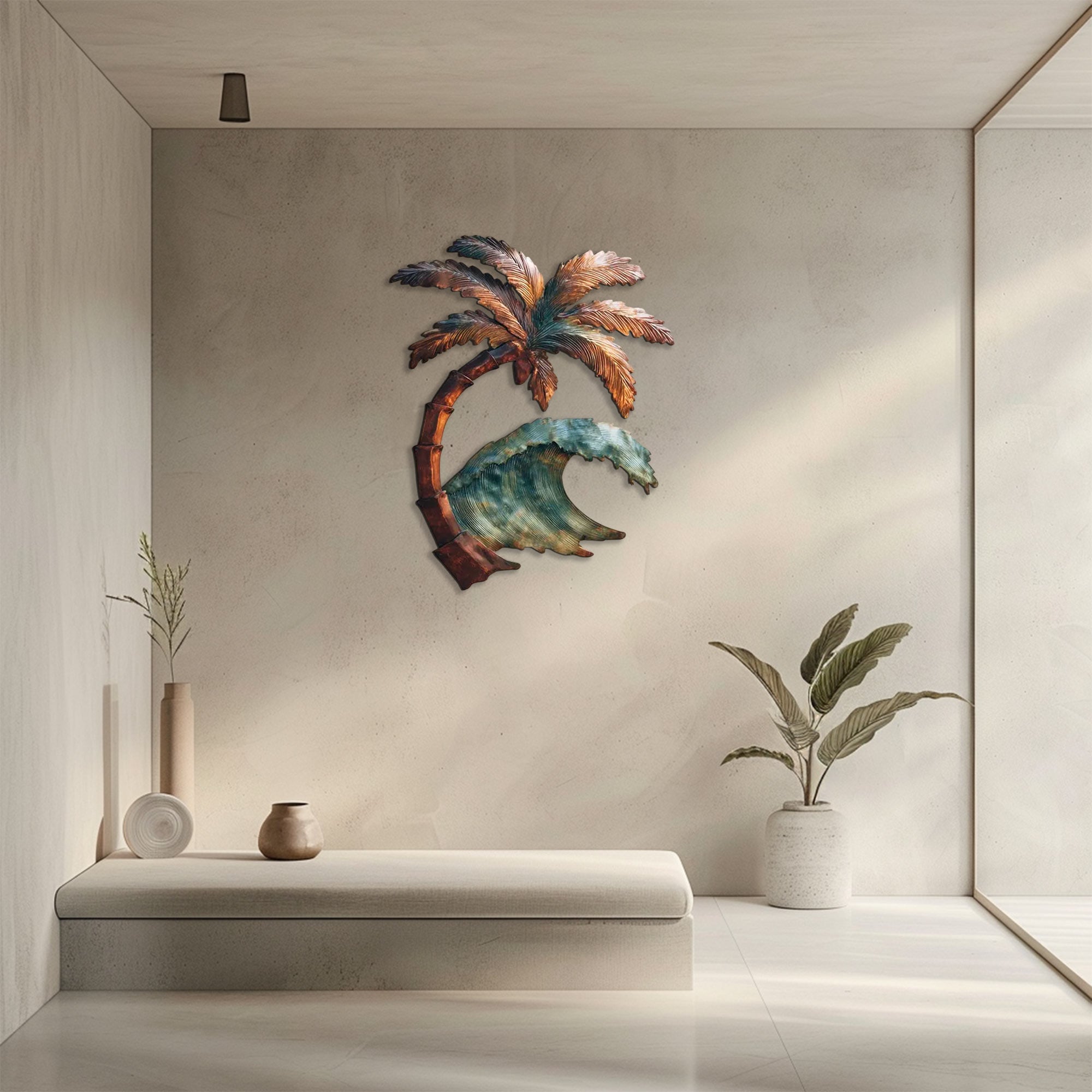 Palm tree ocean wave metal wall art with tropical coastal design mounted on beige wall 3