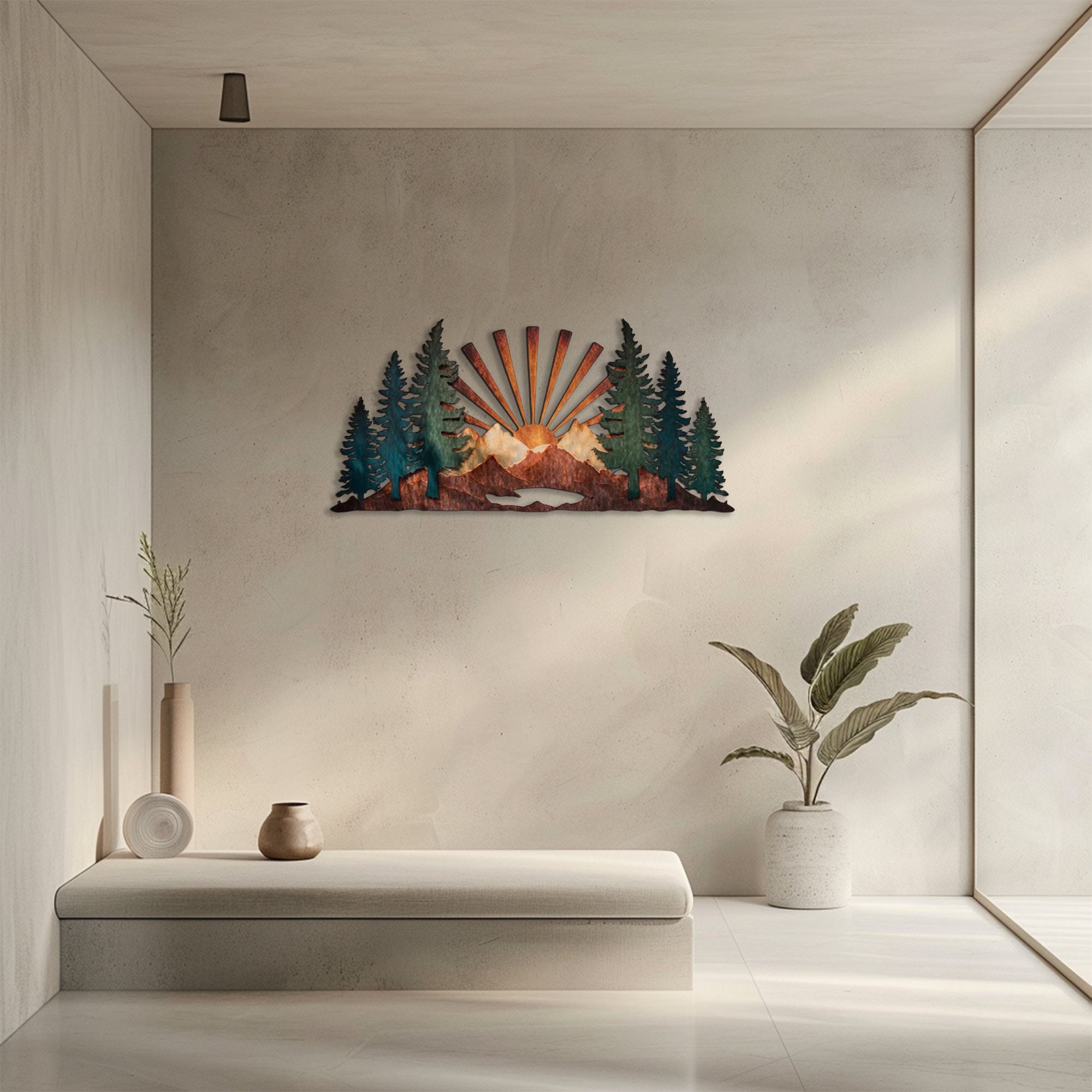 Mountain Forest Sunrise UV printed aluminum metal wall art for rustic cabin patio and living room decor 3