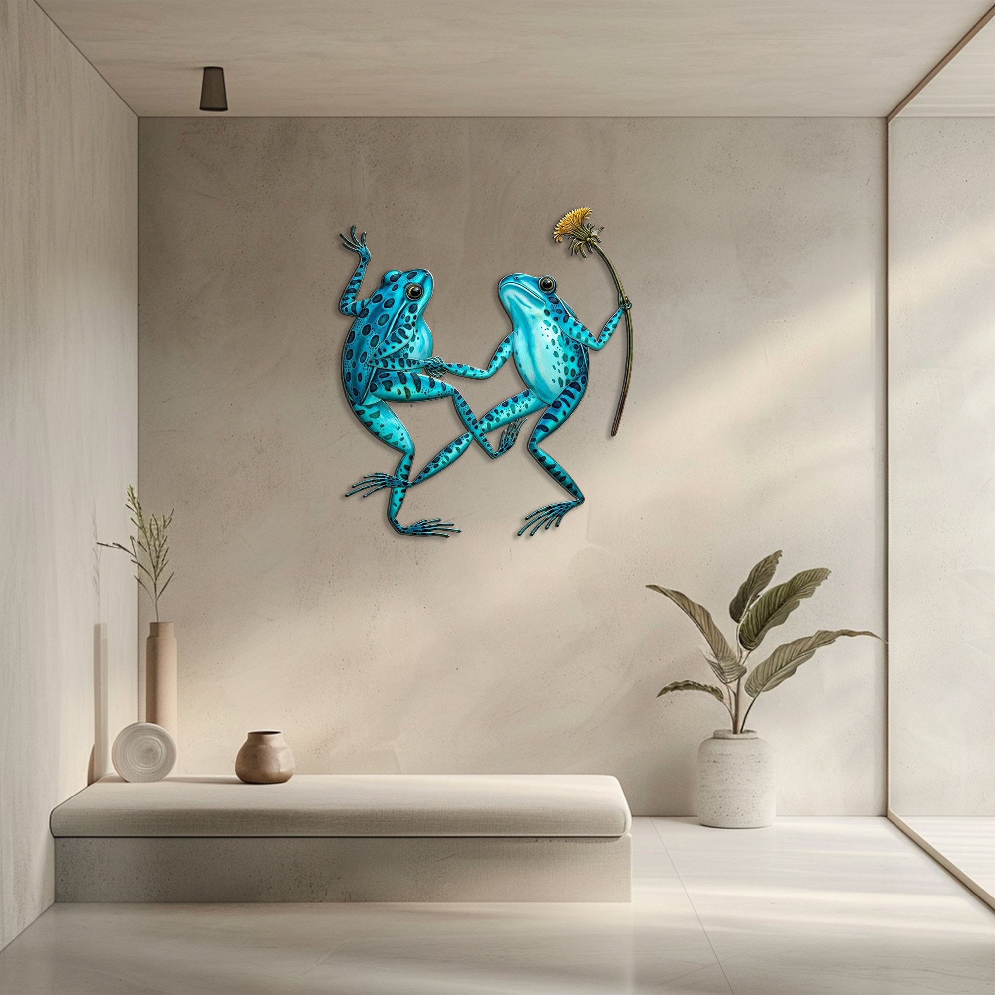 Blue frog couple metal wall art with flower whimsical garden aluminum wall decor 3