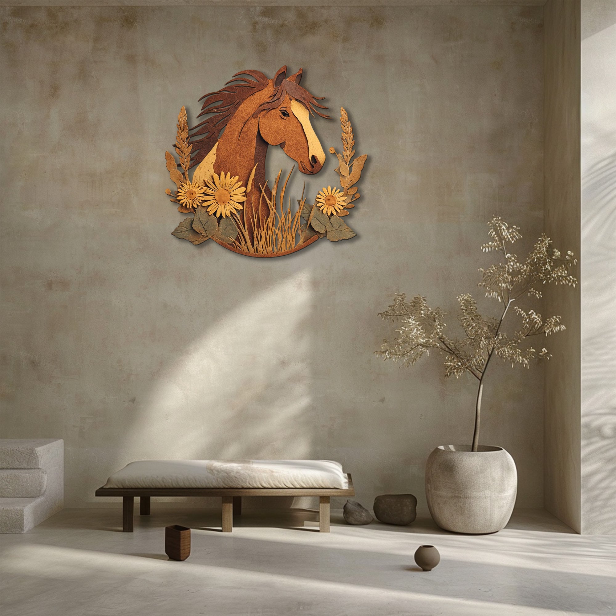 Rustic horse metal wall art with prairie flowers and western farmhouse styling 3