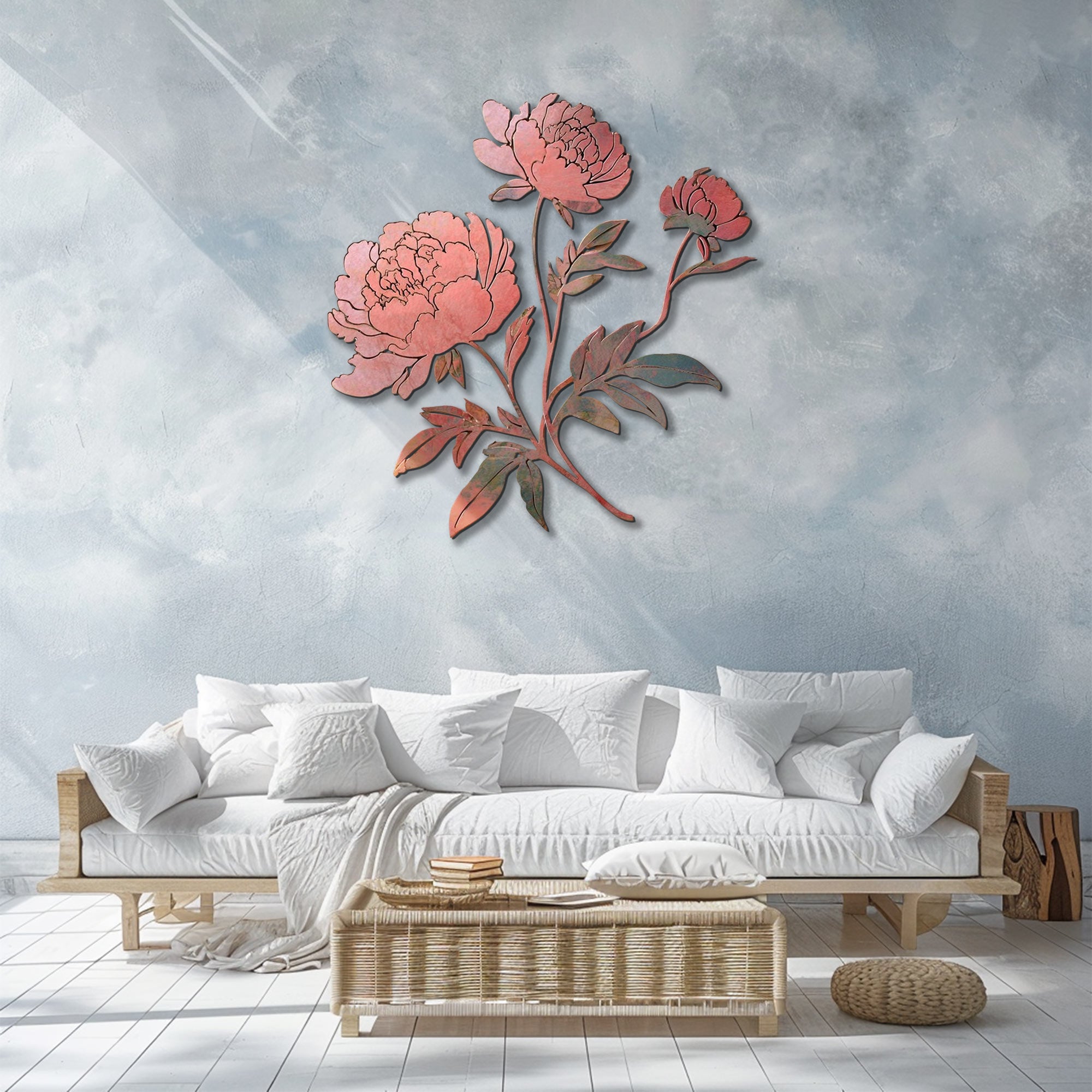 Blush pink peony metal wall art with elegant botanical floral design mounted on textured wall 3