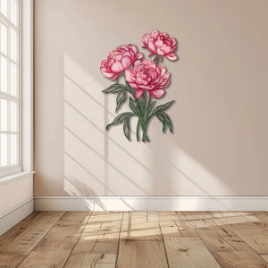 Pink peony flower metal wall art with elegant floral design mounted on textured wall 3
