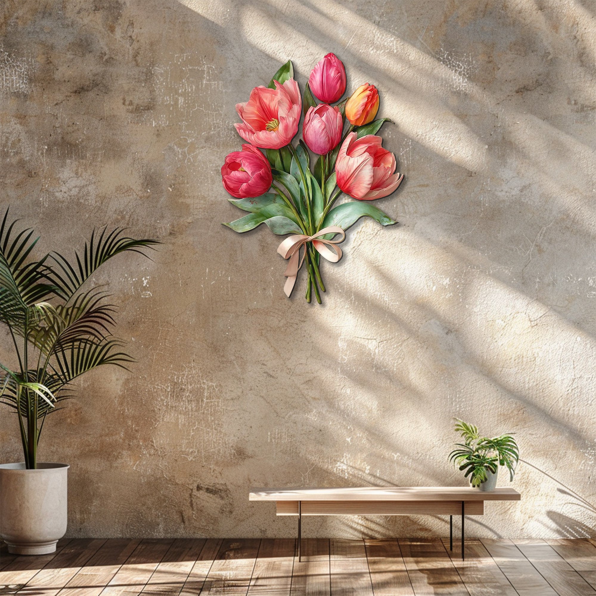 Pink tulip bouquet metal wall art with elegant floral design and ribbon bow mounted on textured wall 3