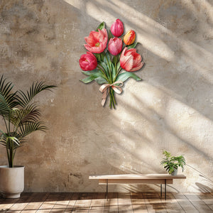 Pink tulip bouquet metal wall art with elegant floral design and ribbon bow mounted on textured wall 3