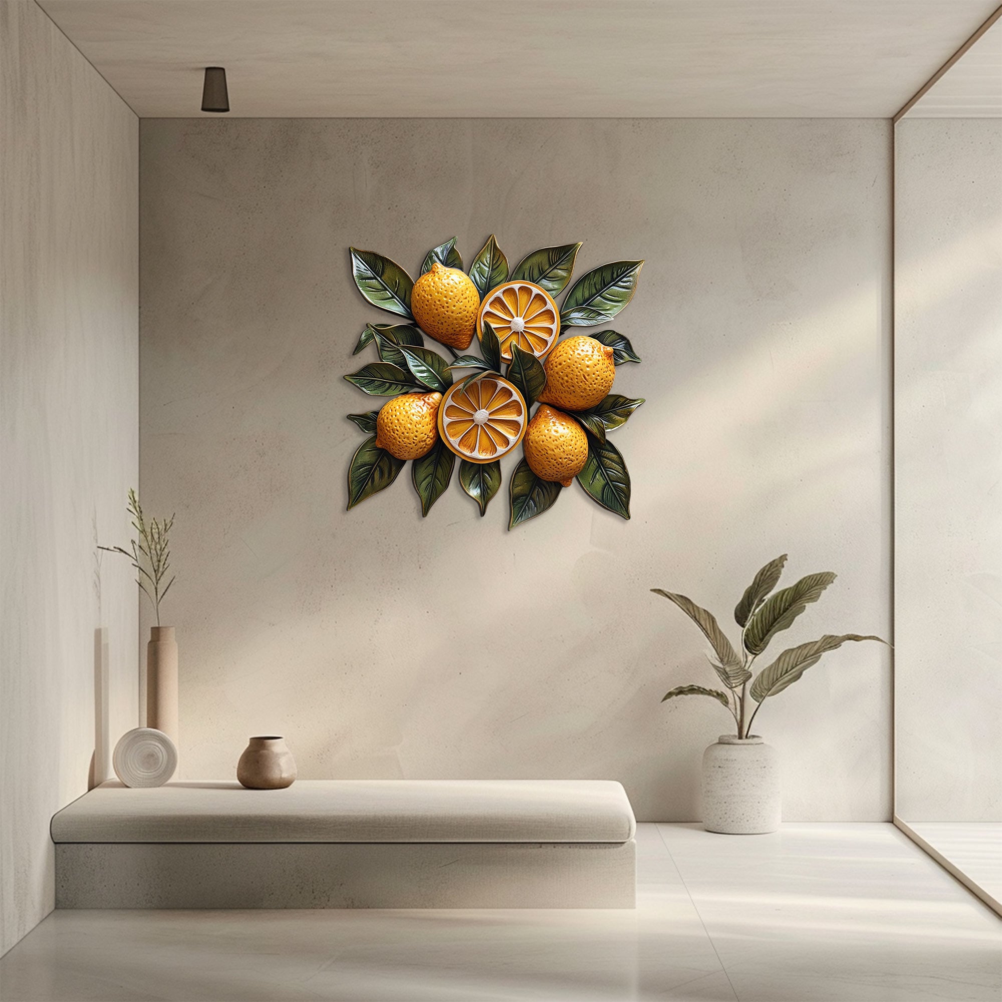 Lemon botanical metal wall art with vibrant citrus fruits and leafy branches for Mediterranean kitchen decor 3