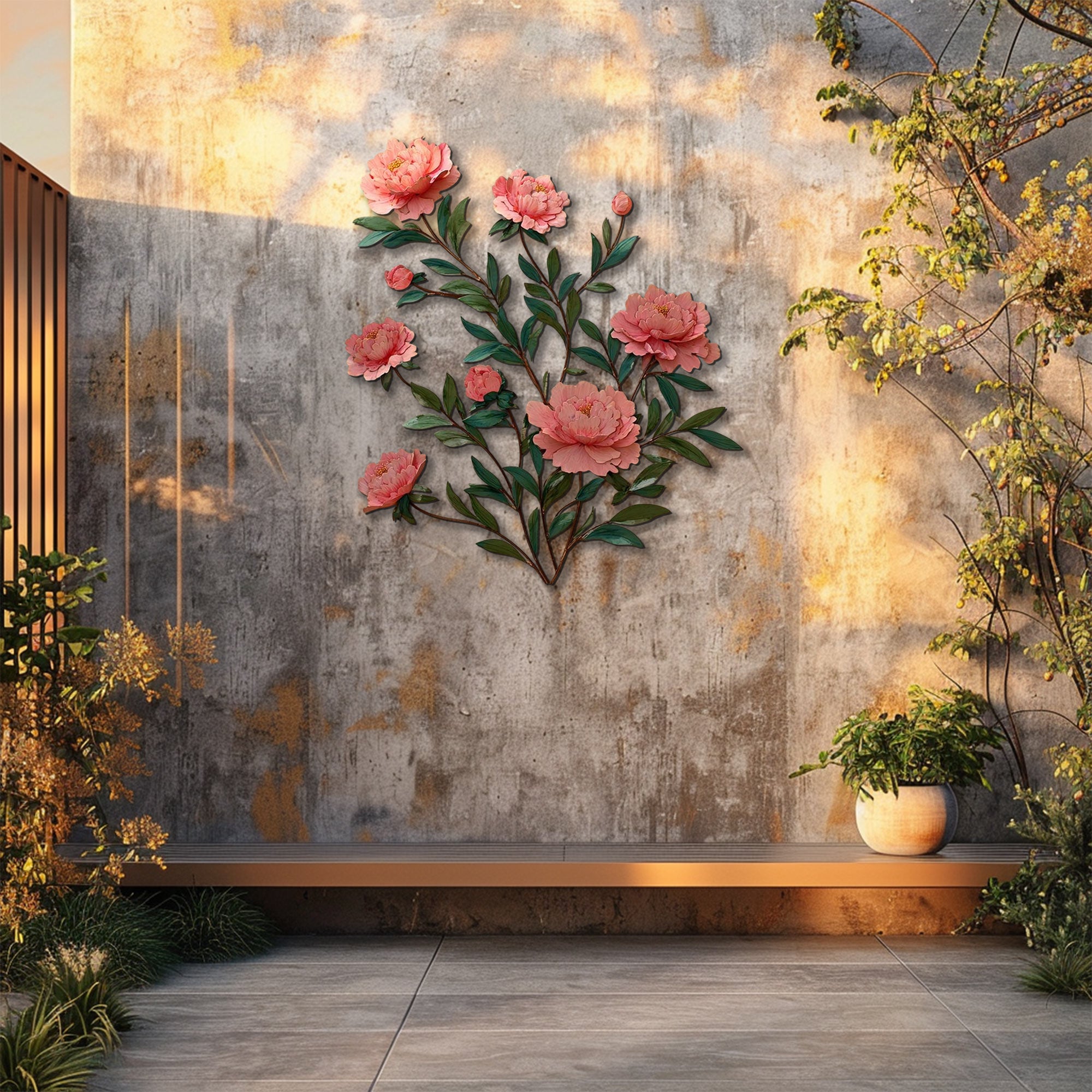 Soft pink peony metal wall art with elegant botanical floral branches mounted on textured wall 4