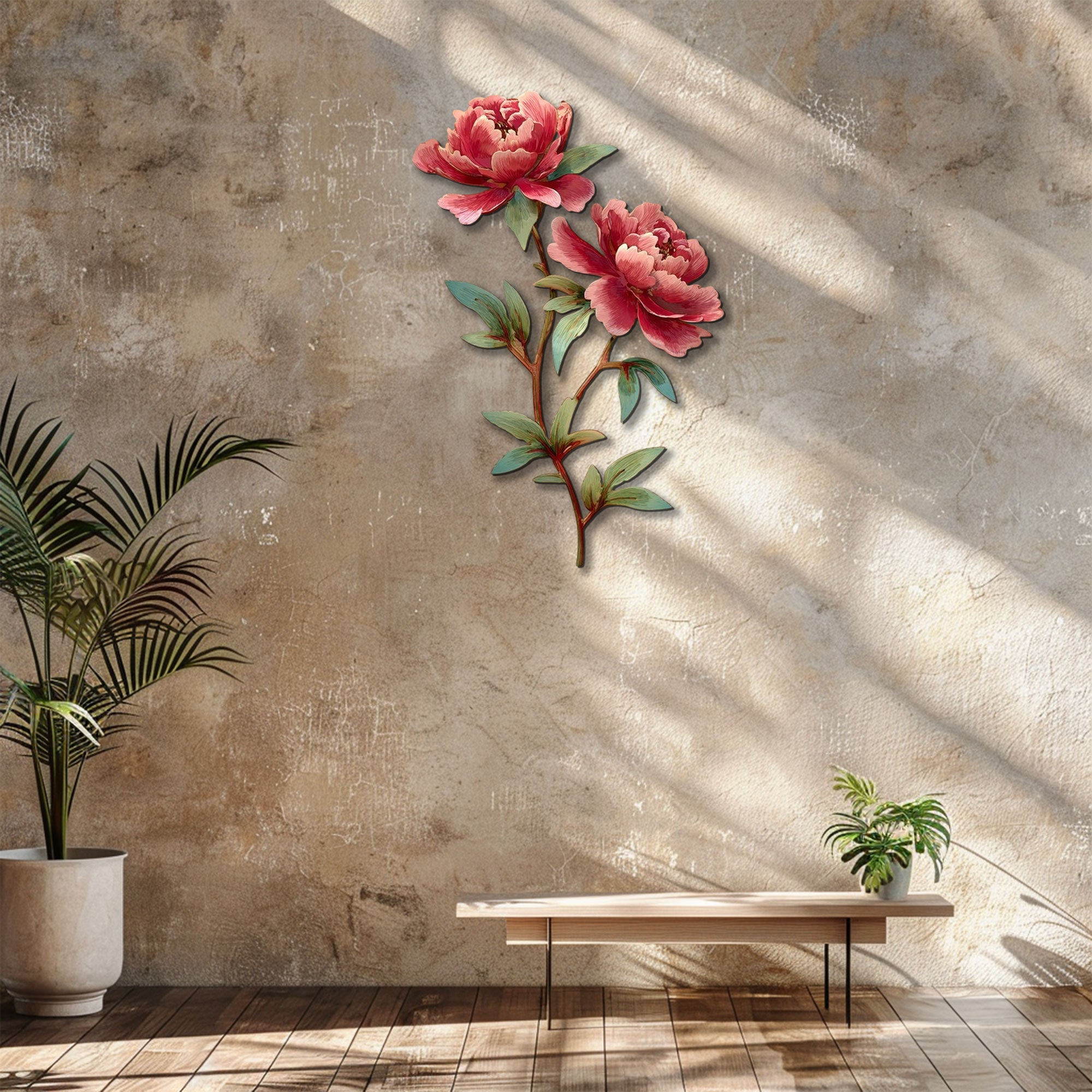 Pink peony stem metal wall art with elegant floral botanical design mounted on textured wall 4