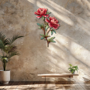 Pink peony stem metal wall art with elegant floral botanical design mounted on textured wall 4