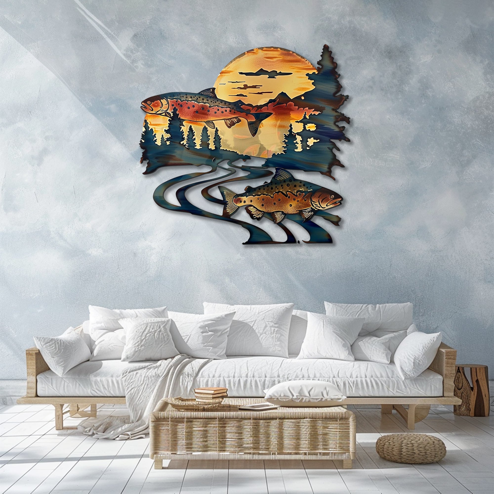 Twin trout fish metal wall art with dual leaping trout winding river mountain golden sunset rustic cabin pine trees wilderness aluminum wall decor 4