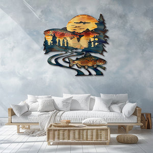 Twin trout fish metal wall art with dual leaping trout winding river mountain golden sunset rustic cabin pine trees wilderness aluminum wall decor 4