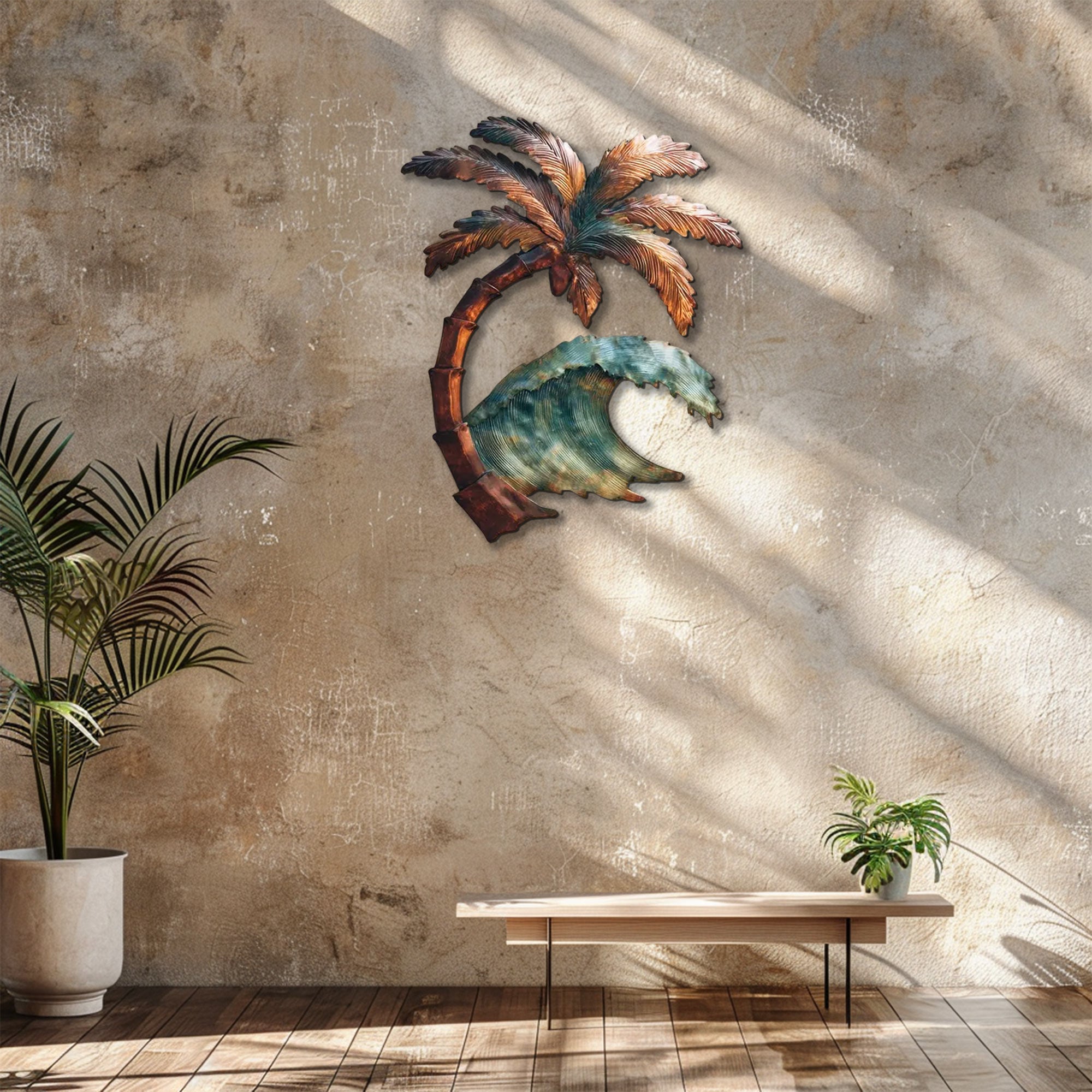 Palm tree ocean wave metal wall art with tropical coastal design mounted on beige wall 4