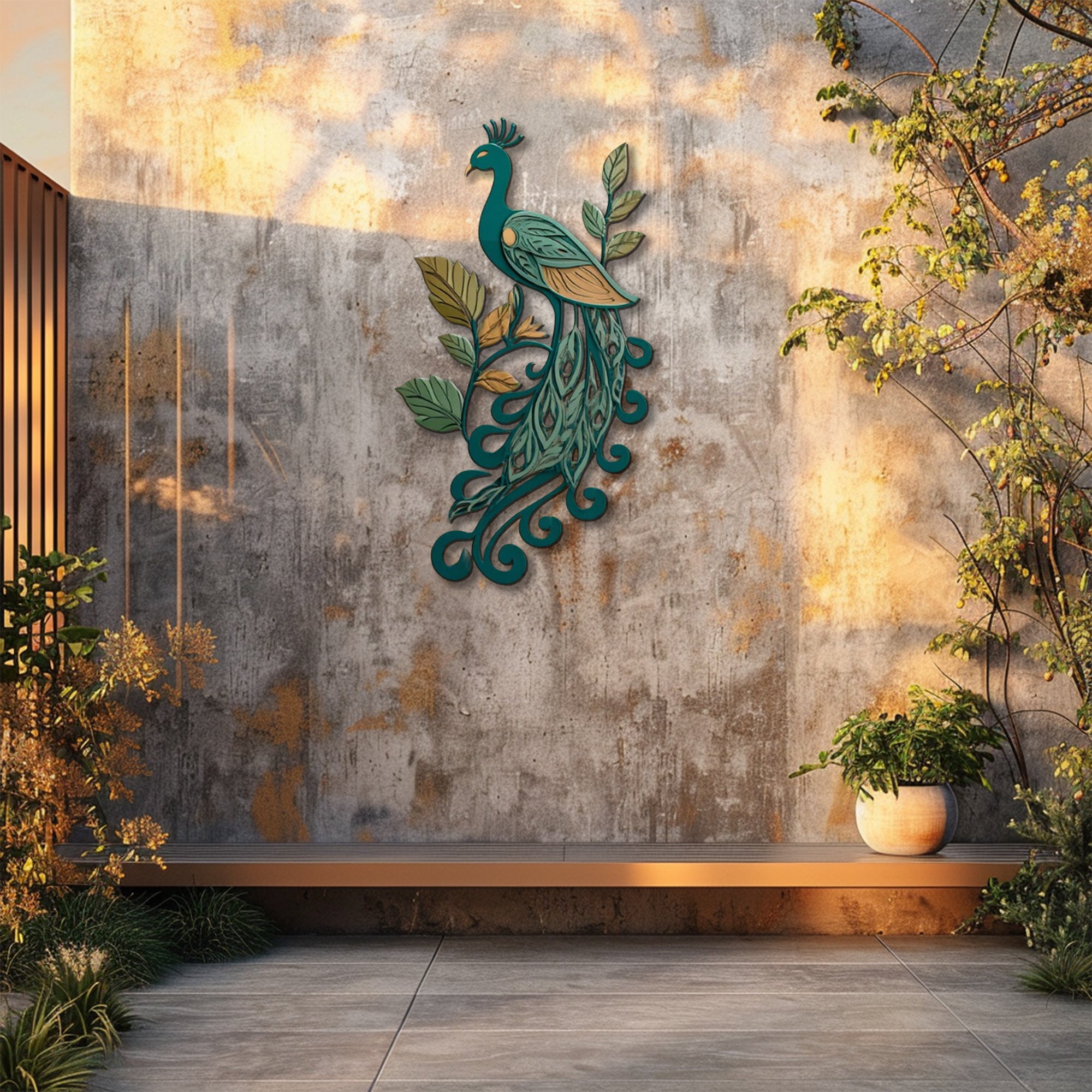 Teal Peacock UV printed aluminum metal wall art for botanical patio garden and living room decor 4