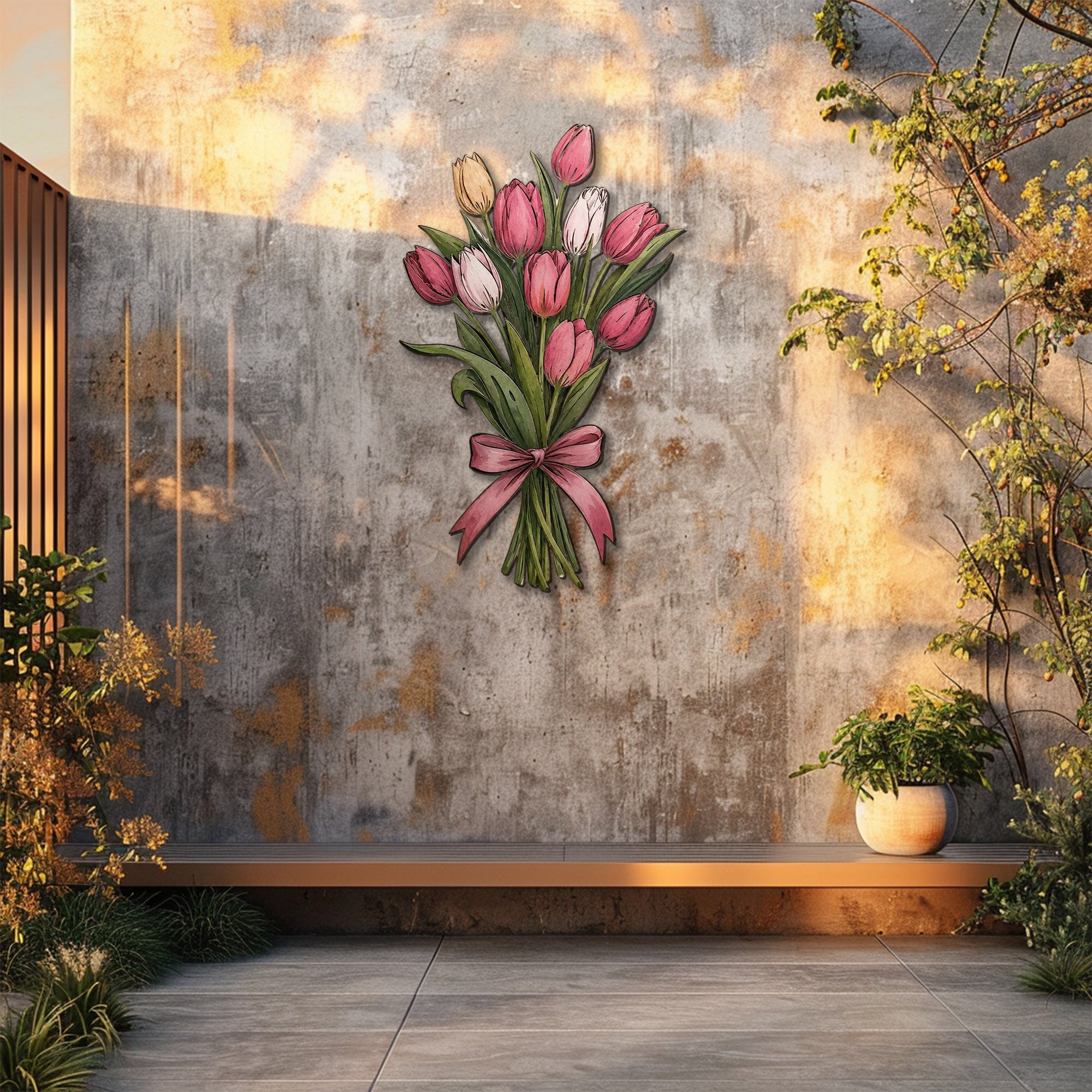 Pink tulip bouquet metal wall art displayed on beige wall with soft floral pastel colors 4