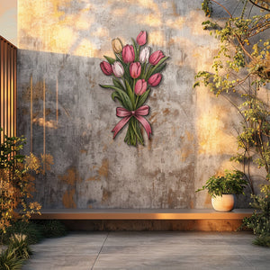 Pink tulip bouquet metal wall art displayed on beige wall with soft floral pastel colors 4