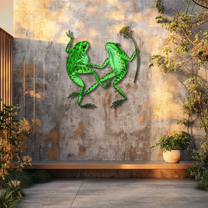 Green frog couple metal wall art with flower whimsical garden aluminum wall decor 4