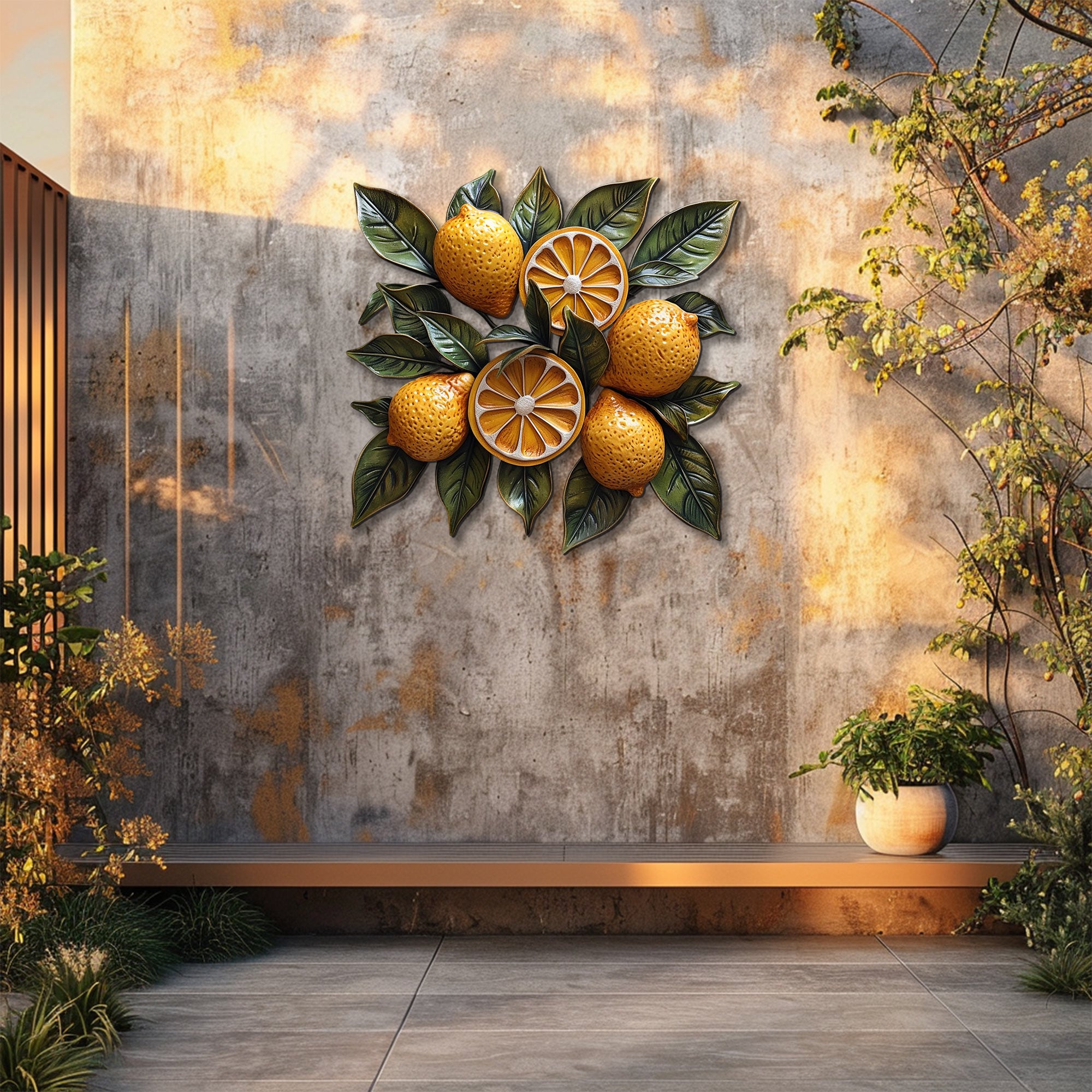 Lemon botanical metal wall art with vibrant citrus fruits and leafy branches for Mediterranean kitchen decor 4