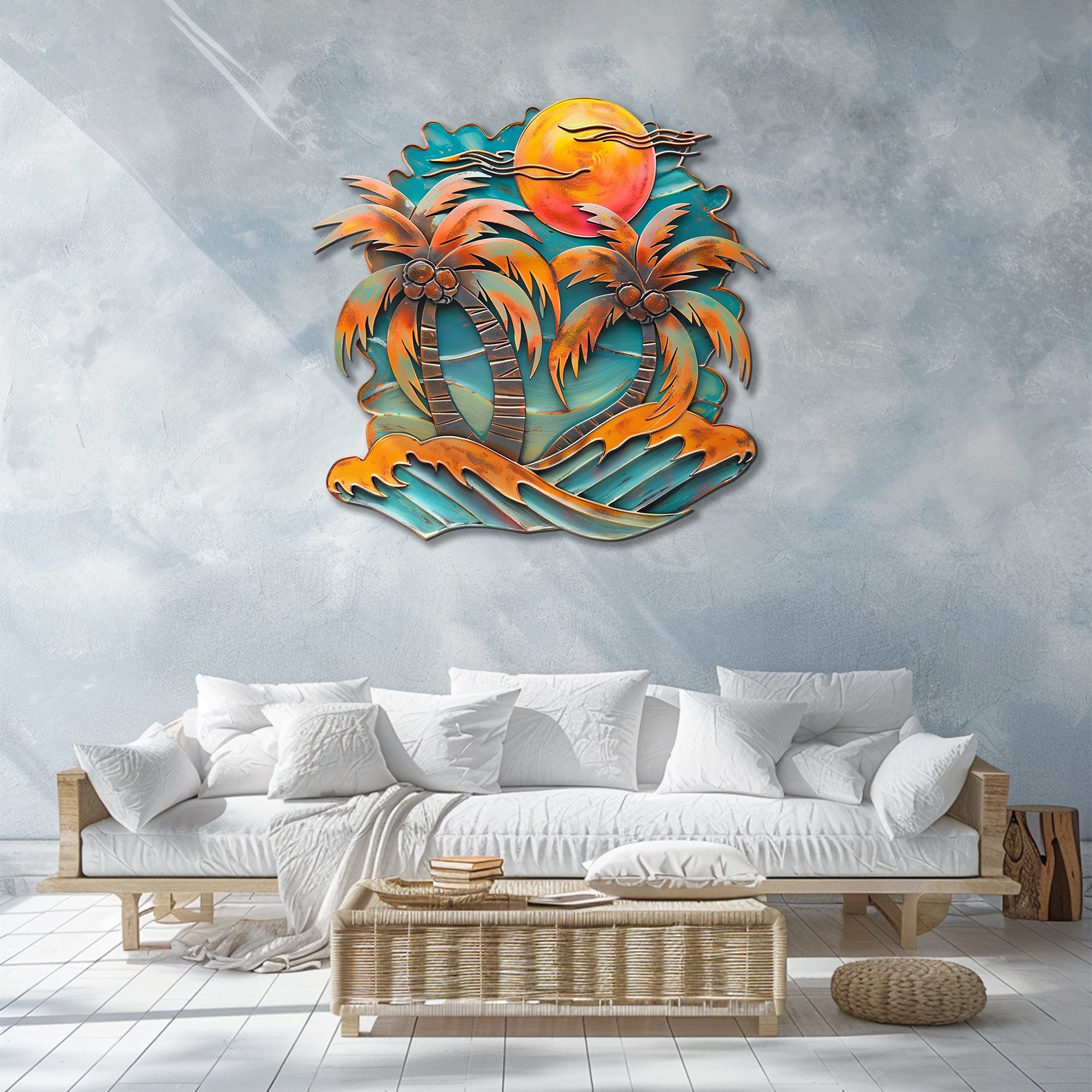 Coconut palm trees metal wall art with tropical coconuts orange sunset sky crashing turquoise waves and beach resort aluminum wall decor 4