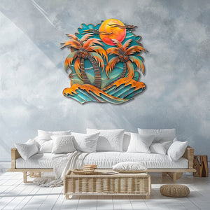 Coconut palm trees metal wall art with tropical coconuts orange sunset sky crashing turquoise waves and beach resort aluminum wall decor 4