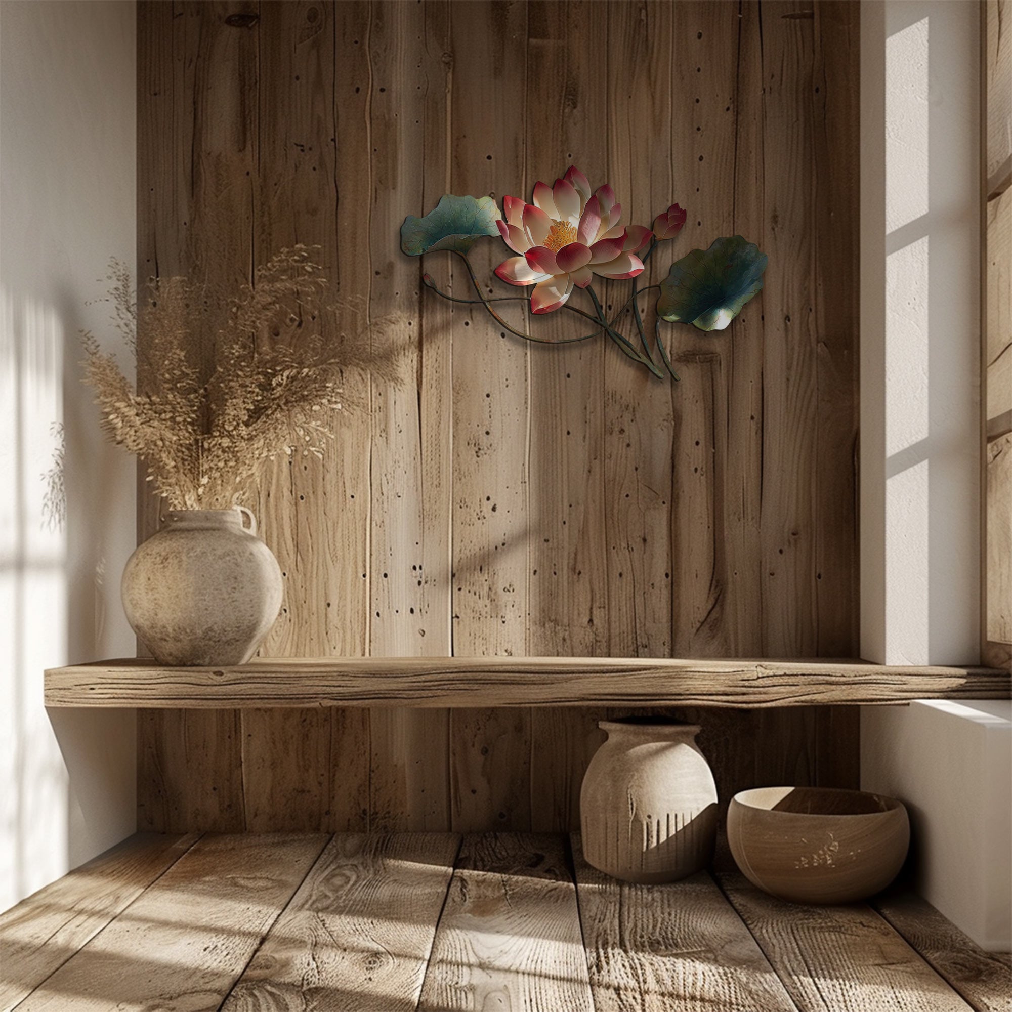Botanical lotus metal wall art with faux 3D artwork for minimalist decor 4