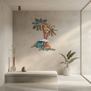 Tropical palm wave metal wall art with ocean waves and sunset coastal design mounted on wall 4