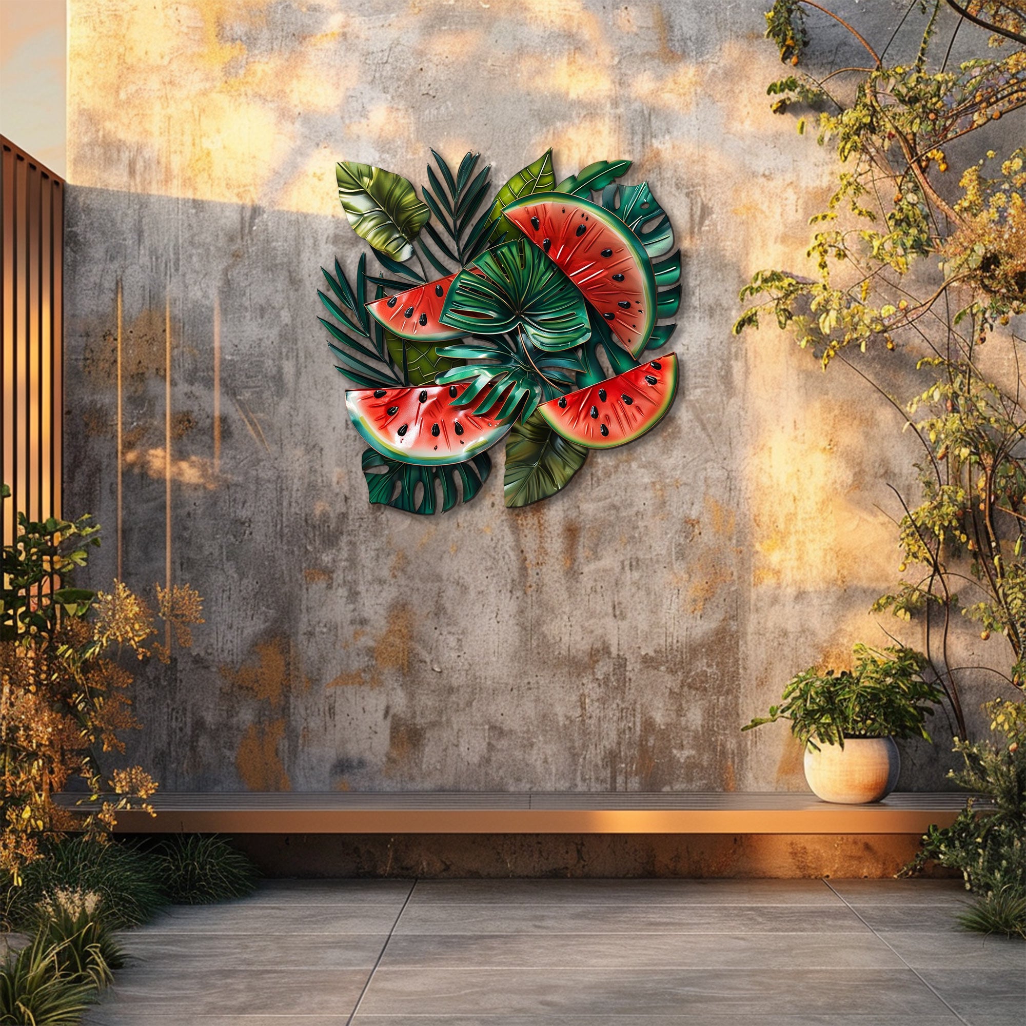 Tropical watermelon metal wall art with lush botanical leaves for summer kitchen decor 4