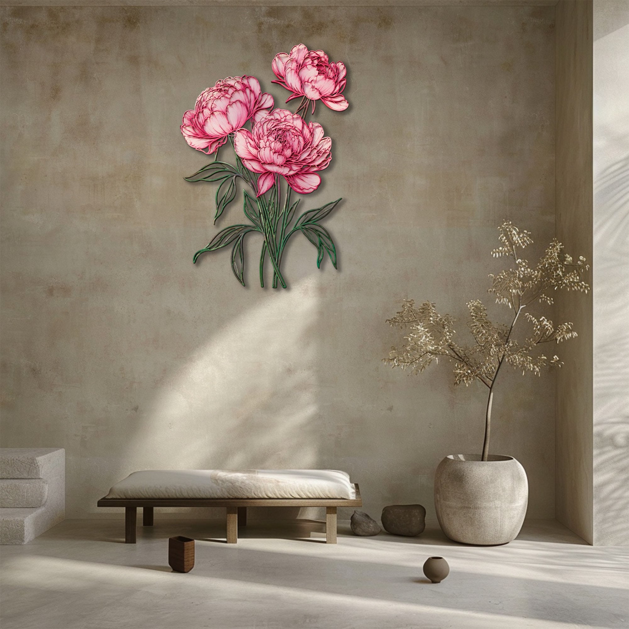 Pink peony flower metal wall art with elegant floral design mounted on textured wall 4